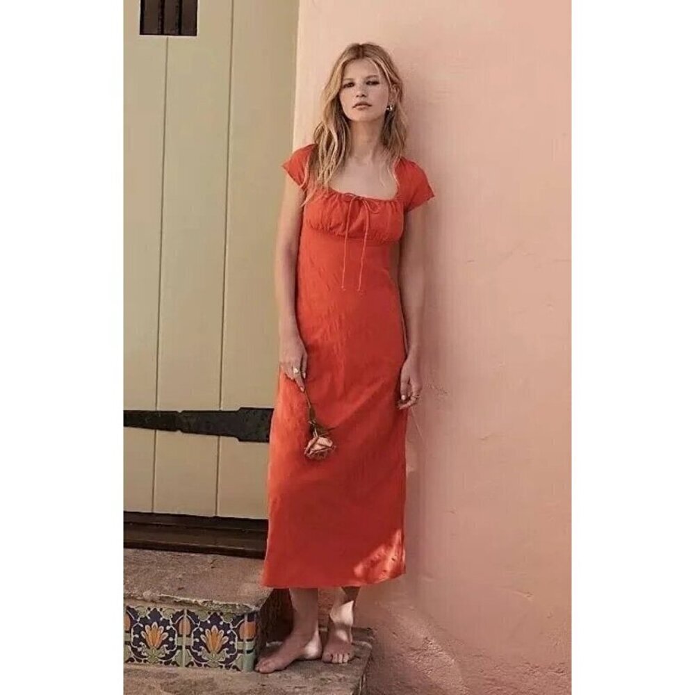 NEW FREE PEOPLE FREE-EST NATALYA SMOCKED COTTON WARM RED RUCHED MIDI DRESS SZ XS